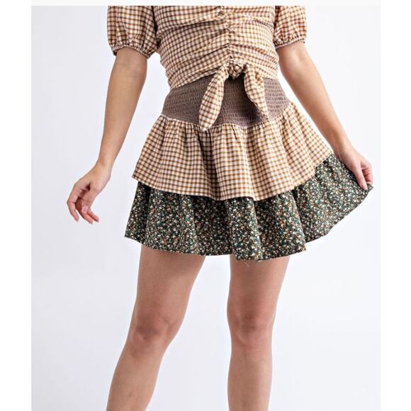 Easel Gingham Printed Cotton Voile Crop Top &  Mini Skirt M Mocha - Picture 1 of 3